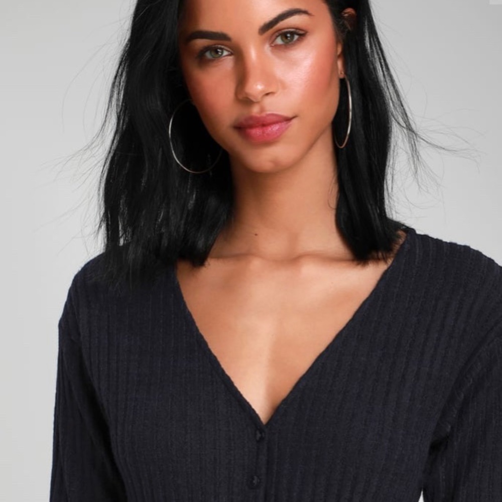 Saylor Navy Blue Ribbed Knit Long Sleeve Jumpsuit - Picture 3 of 8